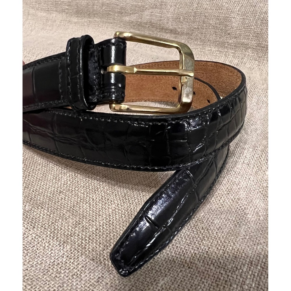 American Craftsmen Black Croc Embossed Leather Belt Gold Buckle Made in USA 32